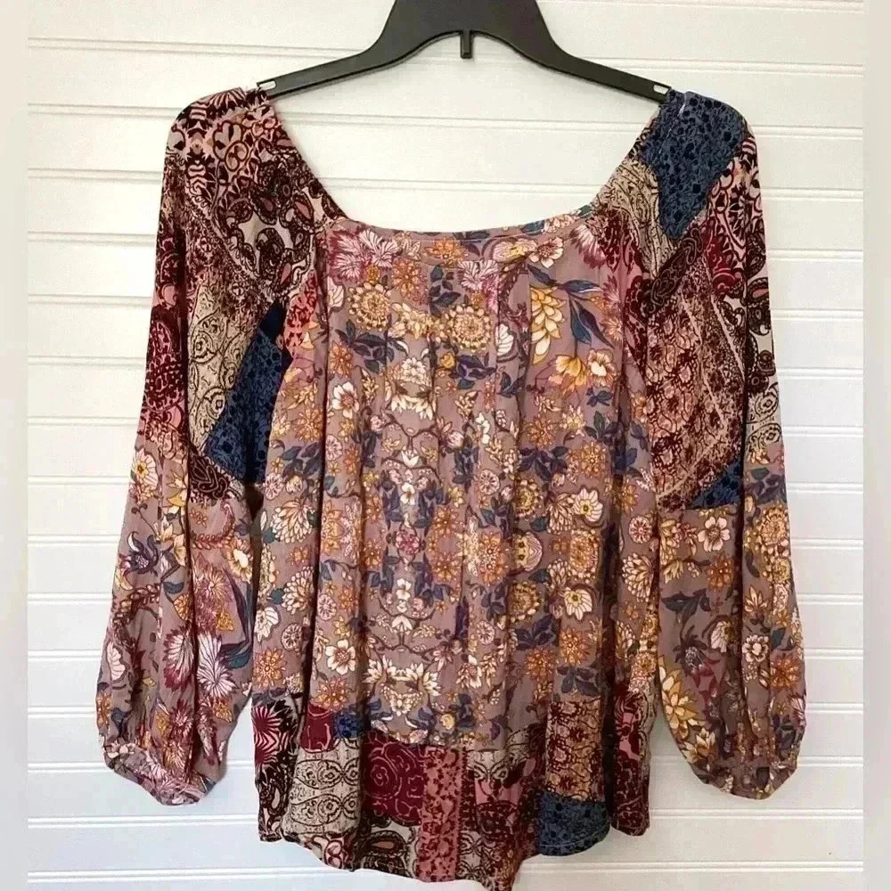 Umgee NWT  Boho womens small Long Sleeve tunic Top Blouse floral patchwork